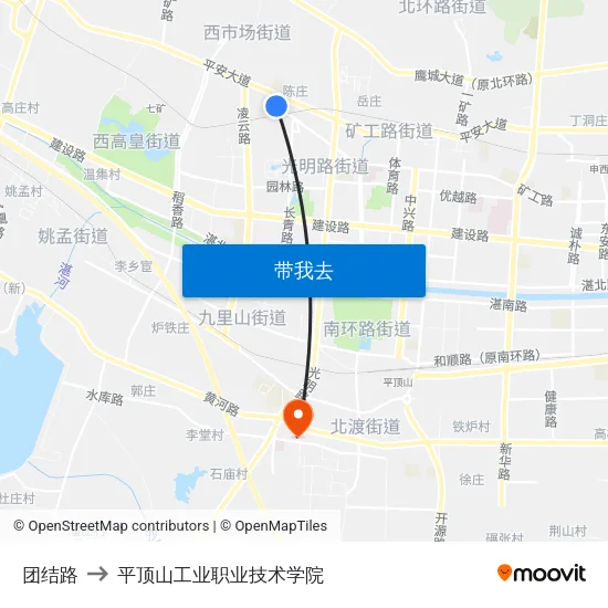 团结路 to 平顶山工业职业技术学院 map