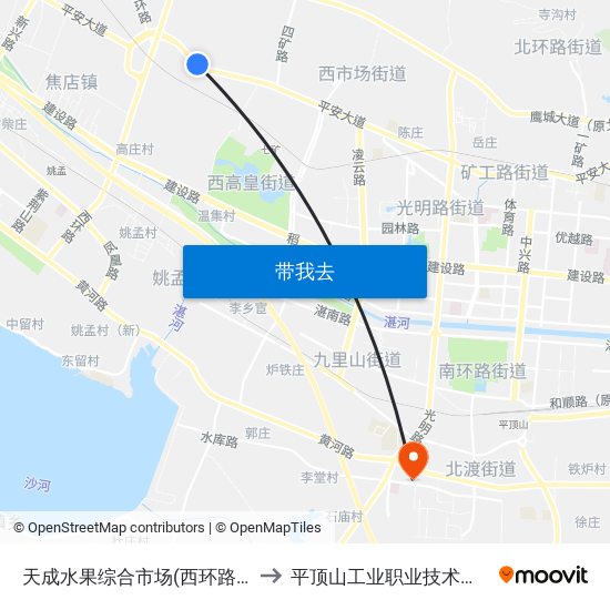 天成水果综合市场(西环路口) to 平顶山工业职业技术学院 map