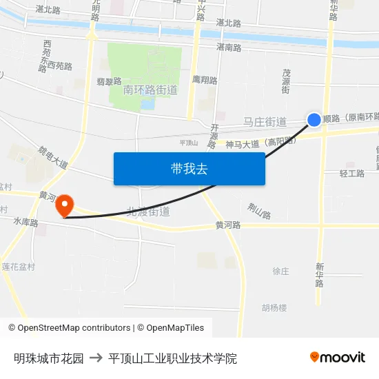 明珠城市花园 to 平顶山工业职业技术学院 map