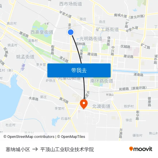 塞纳城小区 to 平顶山工业职业技术学院 map