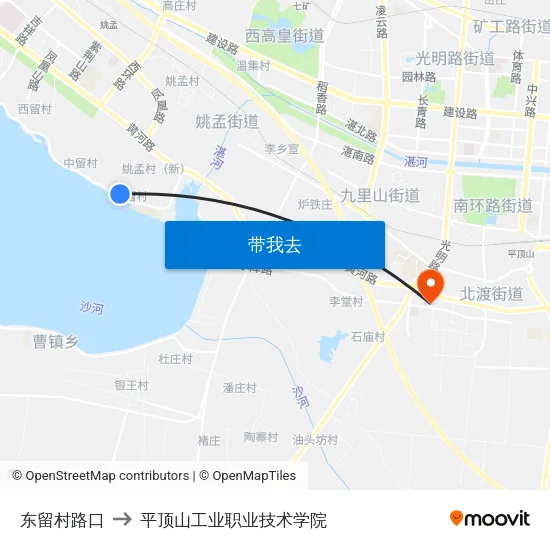 东留村路口 to 平顶山工业职业技术学院 map