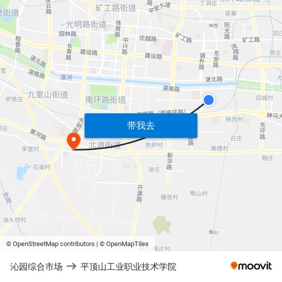 沁园综合市场 to 平顶山工业职业技术学院 map