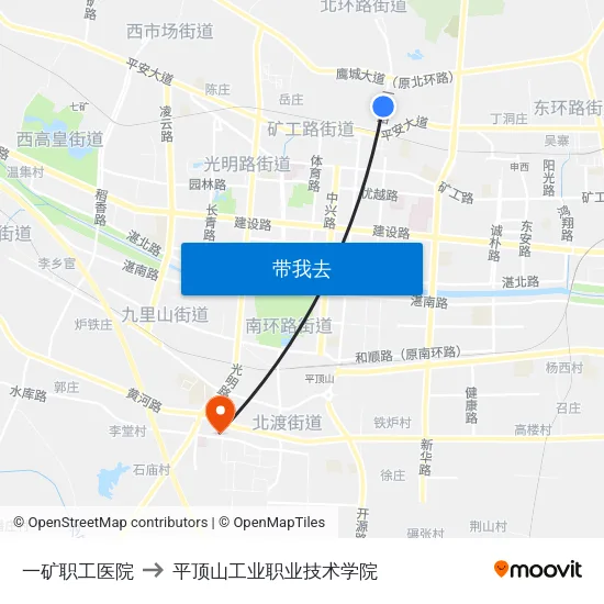 一矿职工医院 to 平顶山工业职业技术学院 map