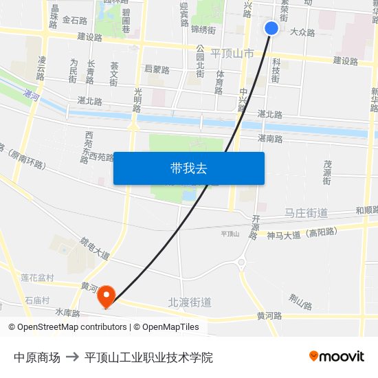 中原商场 to 平顶山工业职业技术学院 map