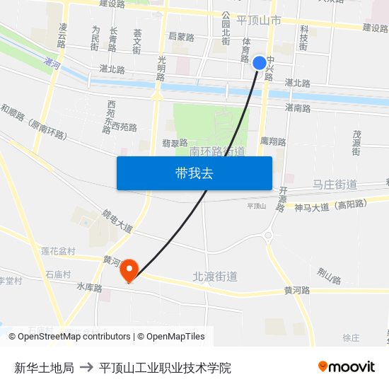 新华土地局 to 平顶山工业职业技术学院 map