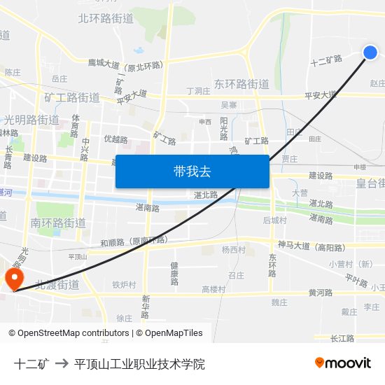 十二矿 to 平顶山工业职业技术学院 map