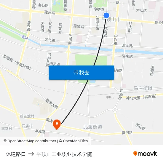 体建路口 to 平顶山工业职业技术学院 map