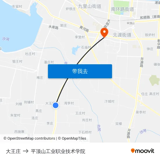 大王庄 to 平顶山工业职业技术学院 map