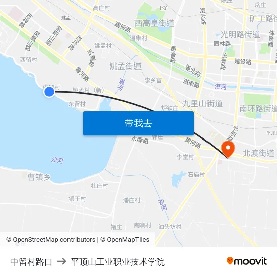 中留村路口 to 平顶山工业职业技术学院 map
