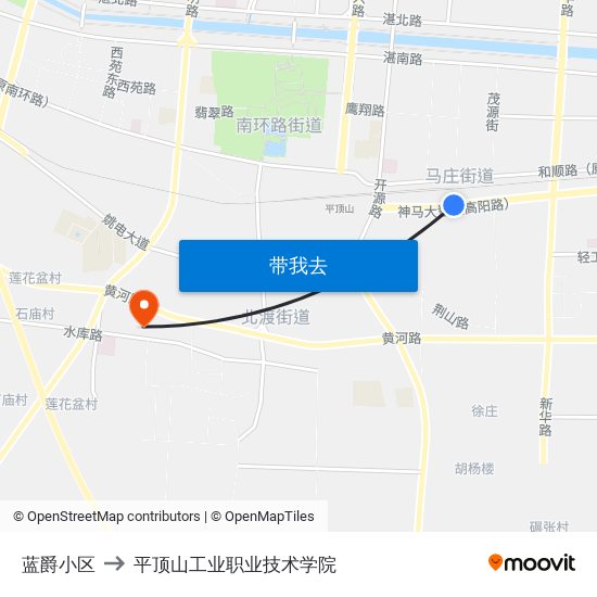 蓝爵小区 to 平顶山工业职业技术学院 map