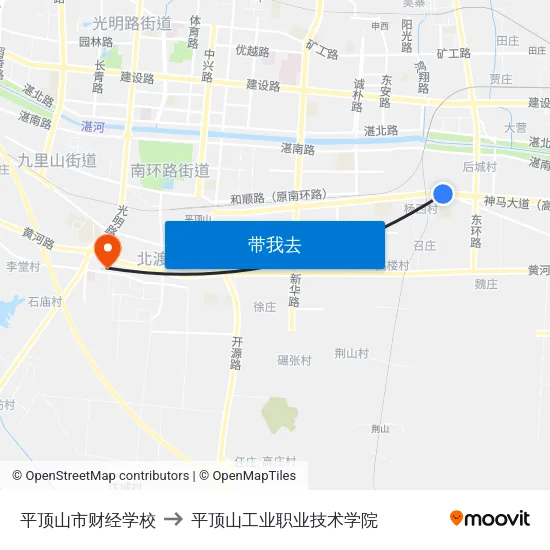 平顶山市财经学校 to 平顶山工业职业技术学院 map