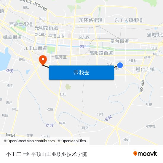 小王庄 to 平顶山工业职业技术学院 map