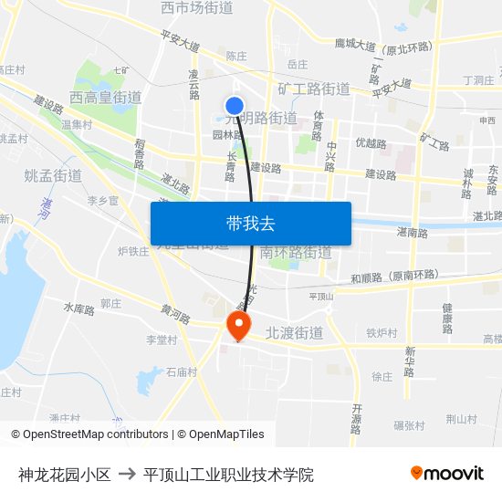 神龙花园小区 to 平顶山工业职业技术学院 map