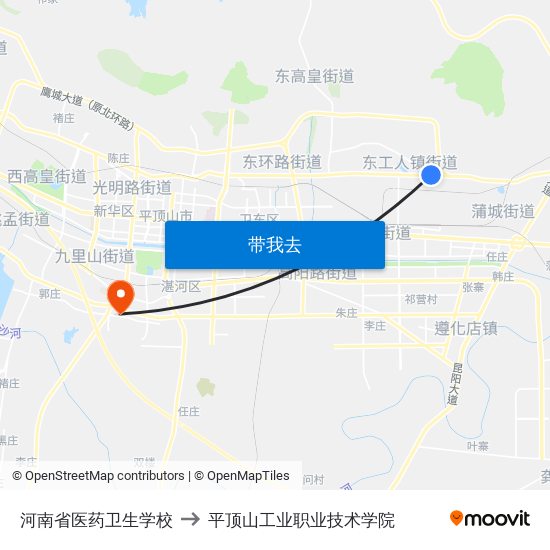 河南省医药卫生学校 to 平顶山工业职业技术学院 map