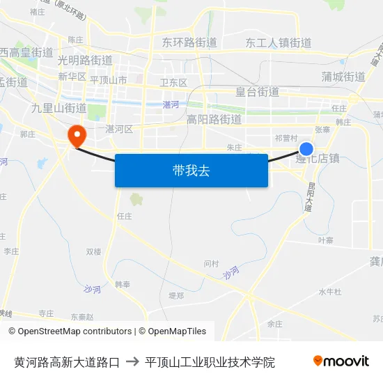 黄河路高新大道路口 to 平顶山工业职业技术学院 map