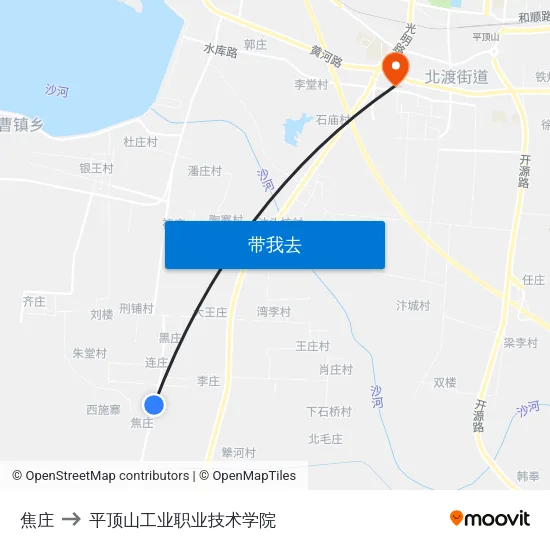 焦庄 to 平顶山工业职业技术学院 map