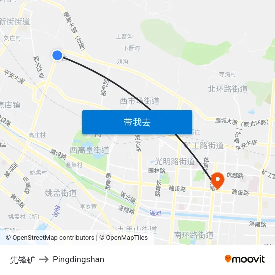 先锋矿 to Pingdingshan map