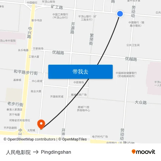 人民电影院 to Pingdingshan map