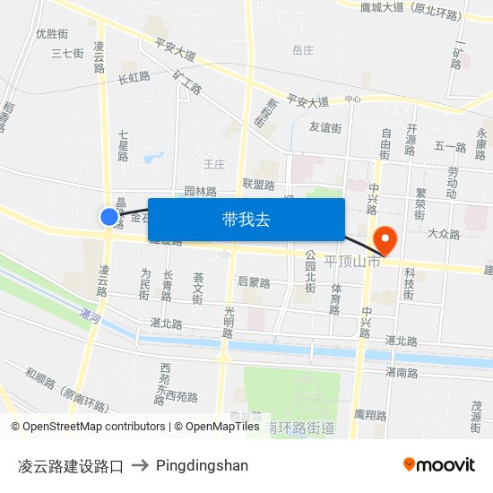 凌云路建设路口 to Pingdingshan map