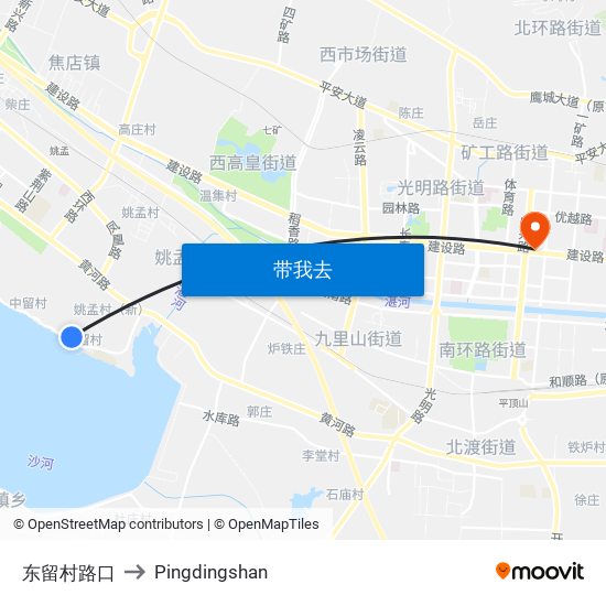 东留村路口 to Pingdingshan map