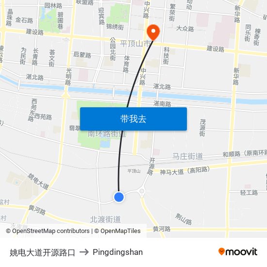 姚电大道开源路口 to Pingdingshan map