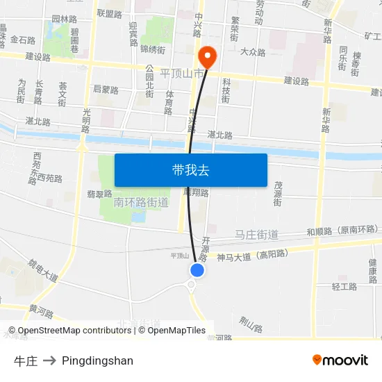 牛庄 to Pingdingshan map