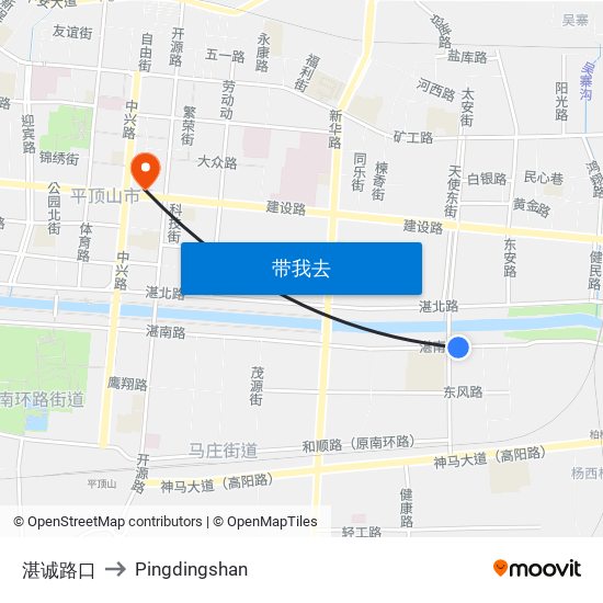 湛诚路口 to Pingdingshan map