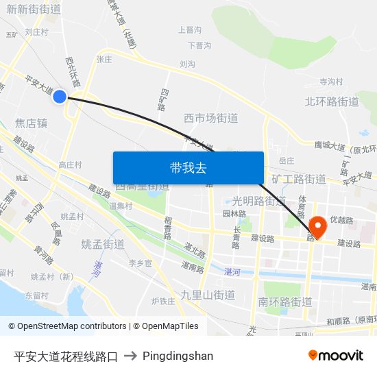 平安大道花程线路口 to Pingdingshan map