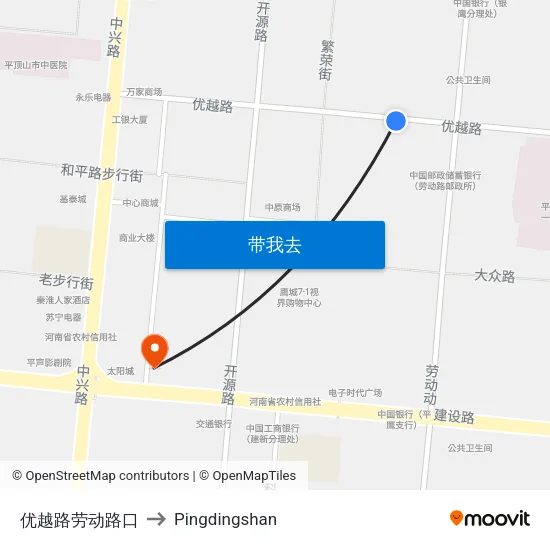 优越路劳动路口 to Pingdingshan map