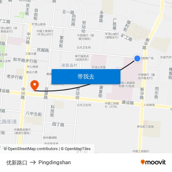 优新路口 to Pingdingshan map