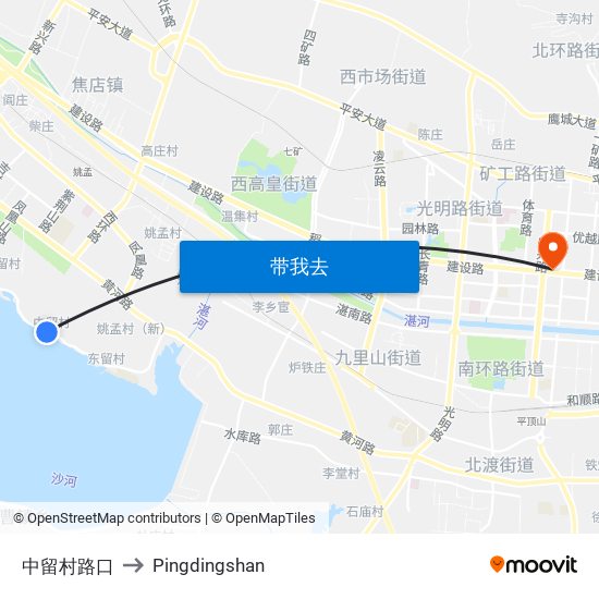 中留村路口 to Pingdingshan map