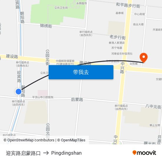 迎宾路启蒙路口 to Pingdingshan map