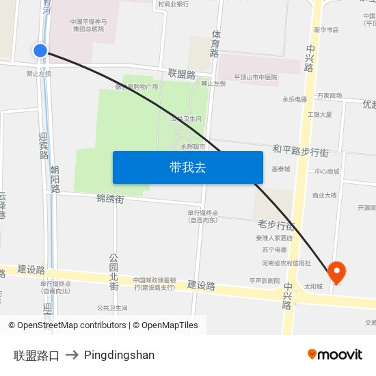 联盟路口 to Pingdingshan map