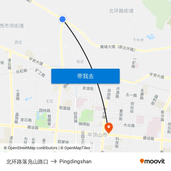 北环路落凫山路口 to Pingdingshan map