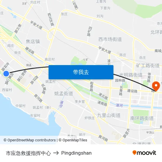市应急救援指挥中心 to Pingdingshan map