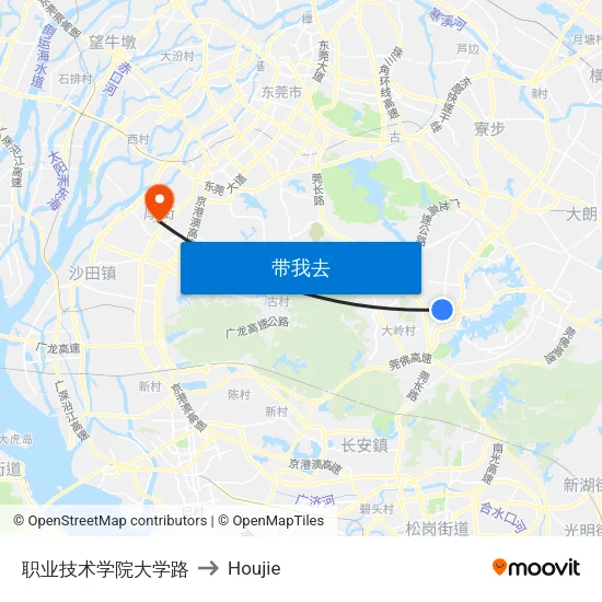 职业技术学院大学路 to Houjie map