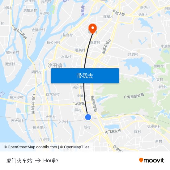 虎门火车站 to Houjie map