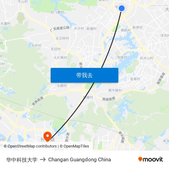 华中科技大学 to Changan Guangdong China map