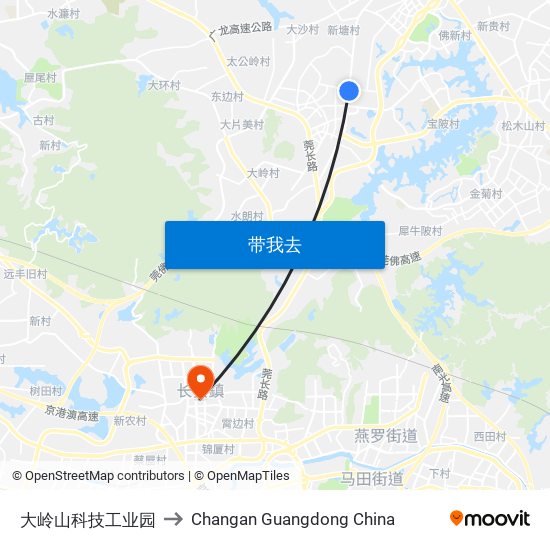 大岭山科技工业园 to Changan Guangdong China map