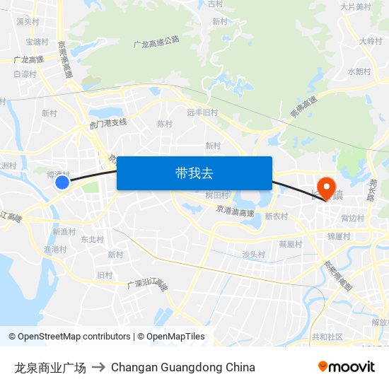 龙泉商业广场 to Changan Guangdong China map