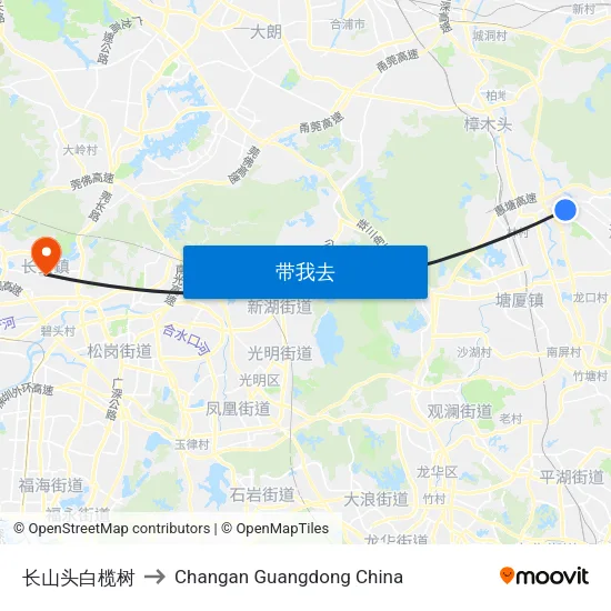 长山头白榄树 to Changan Guangdong China map