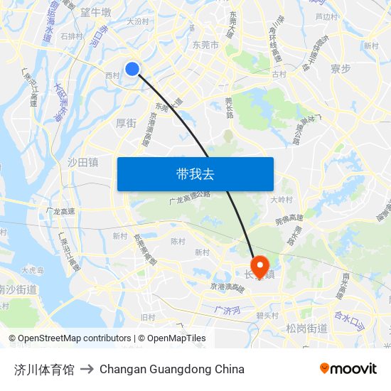 济川体育馆 to Changan Guangdong China map