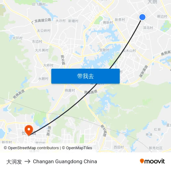大润发 to Changan Guangdong China map