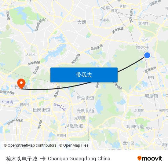 樟木头电子城 to Changan Guangdong China map