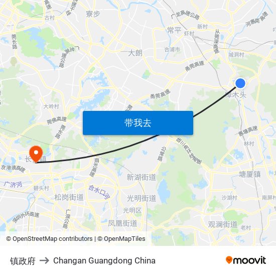 镇政府 to Changan Guangdong China map