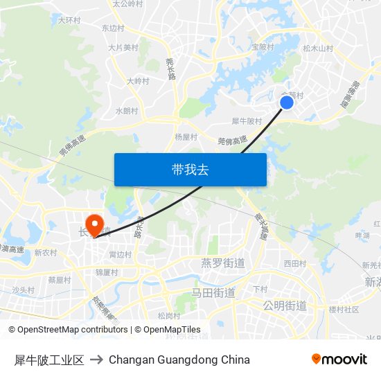 犀牛陂工业区 to Changan Guangdong China map