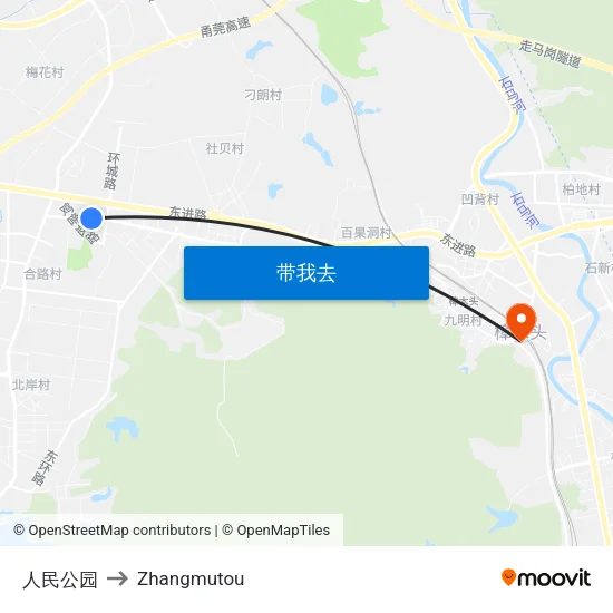 人民公园 to Zhangmutou map