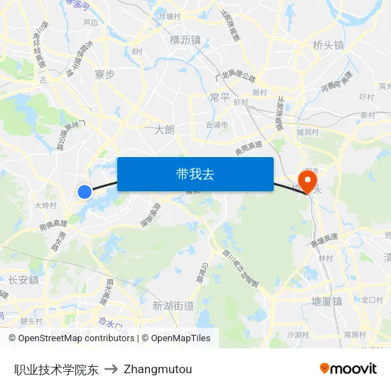职业技术学院东 to Zhangmutou map
