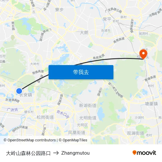 大岭山森林公园路口 to Zhangmutou map