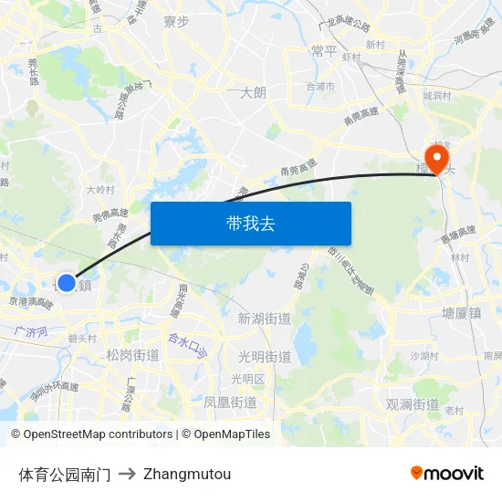 体育公园南门 to Zhangmutou map